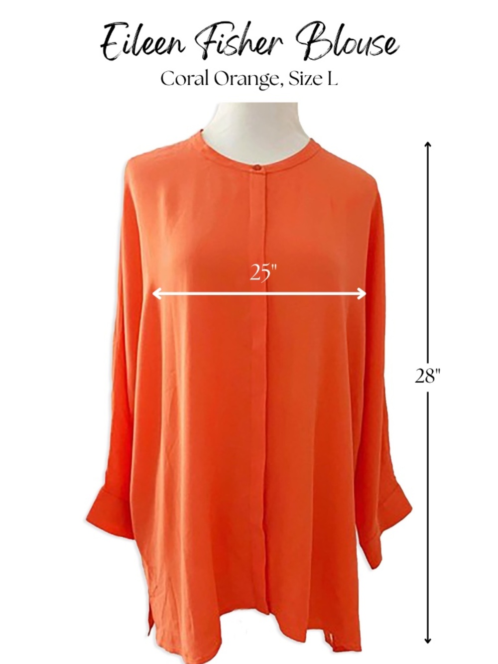 Eileen Fisher Coral Orange, 100% Silk Blouse, Size Large - Picture 2 of 5